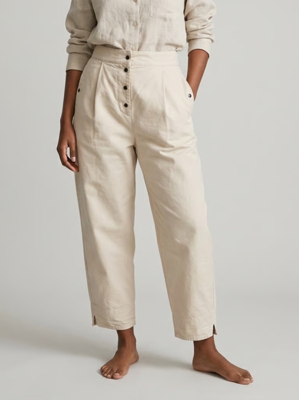 LEE MATHEWS Cream Silk Blend High-Waist Button Fly Cropped Barrel Pants Sz 8